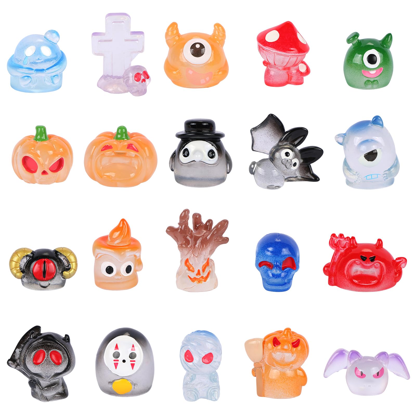 LALASTYLE 20Pcs Mini Resin Monster Halloween Luminous Tiny Small Monster Figurines Spooky Miniature Decor for Micro Landscape Fairy Gardens Dollhouses