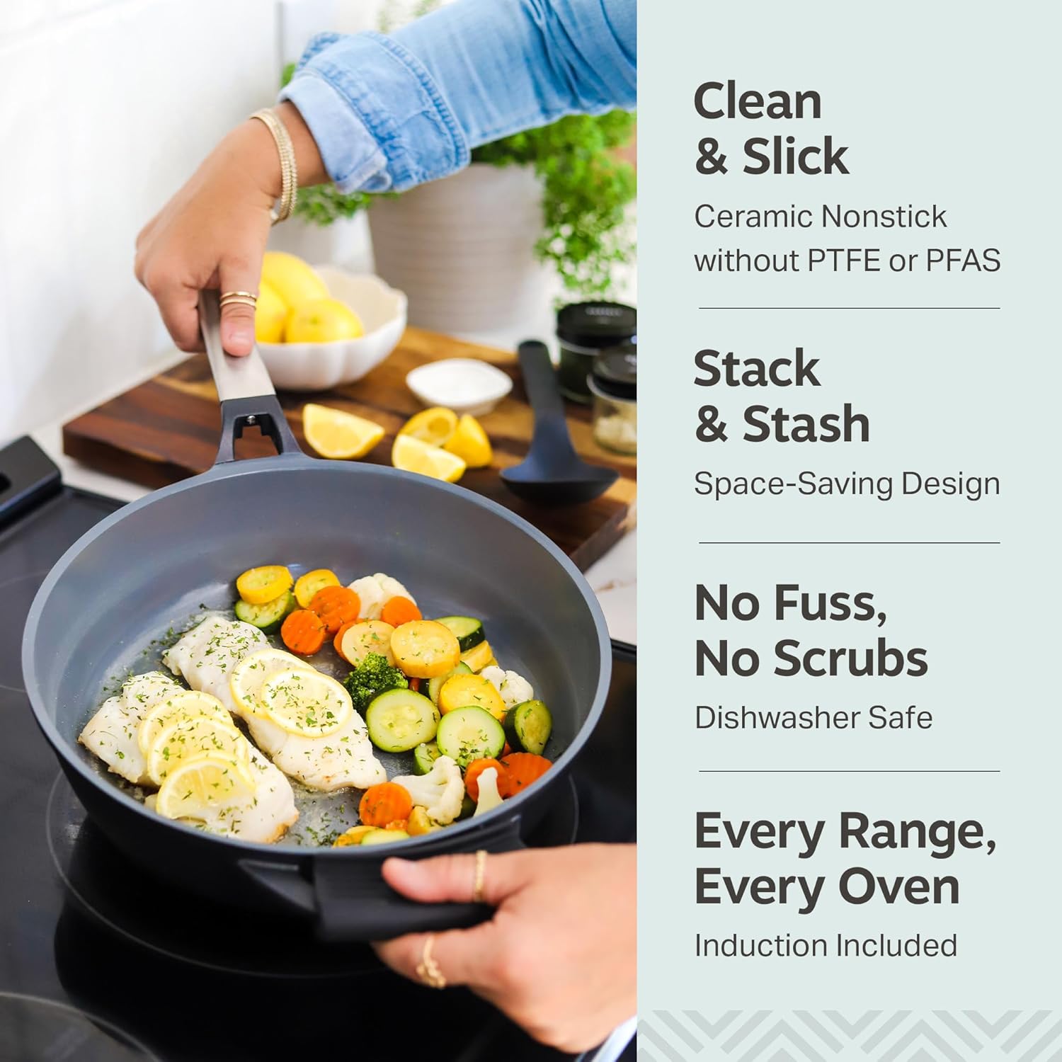 Everything Pan 5 Quart Nonstick Ceramic, Always Pan All-in-One Set with Domed Glass Lid, Steamer Colander and Spoon, Dishwasher Safe, PFOA Free (GRAY, 5QT)