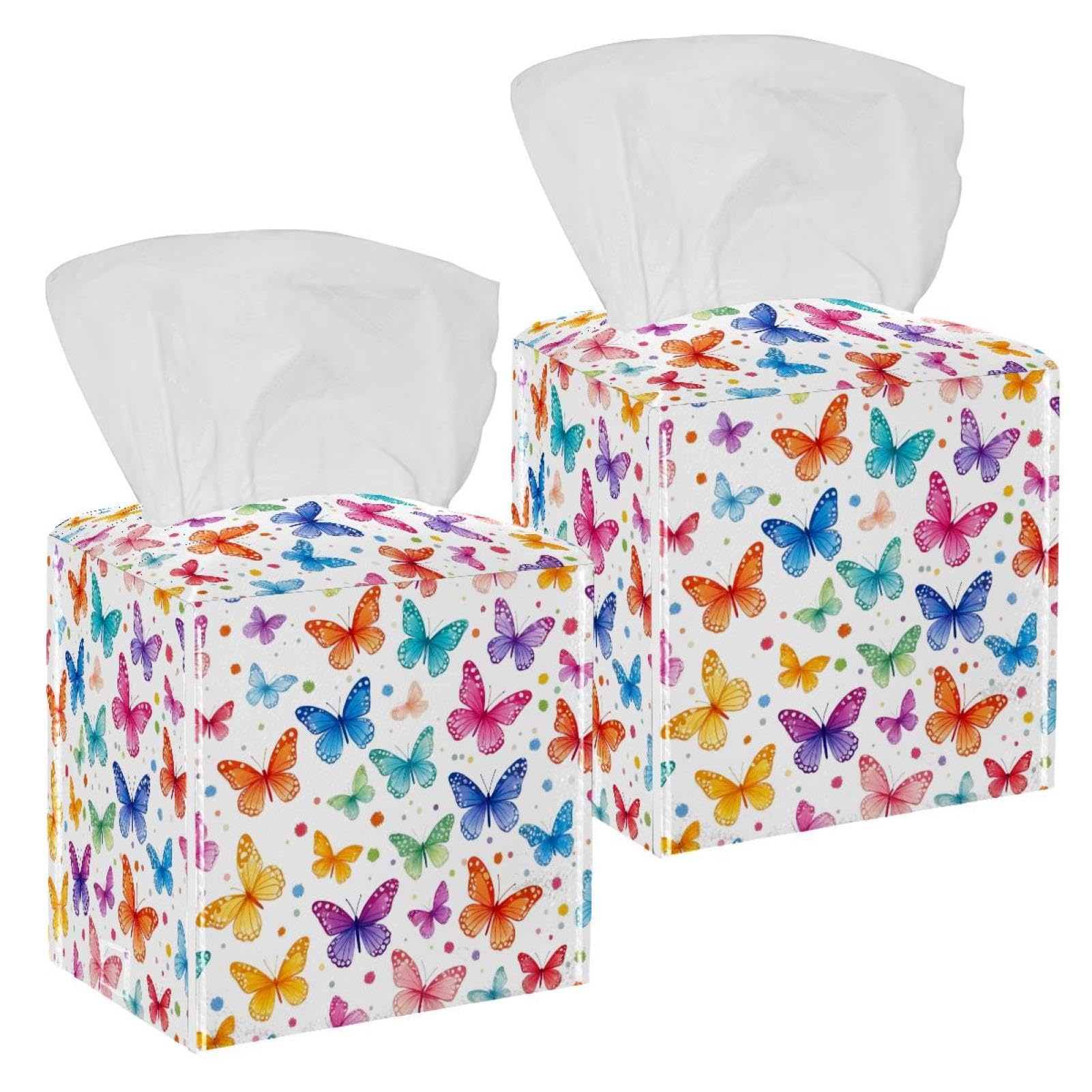 Watercolor Butterfly Tissue Box Cover, 2 Pack PU Leather Square Facial Tissue Dispenser Box holder for Home Office Car