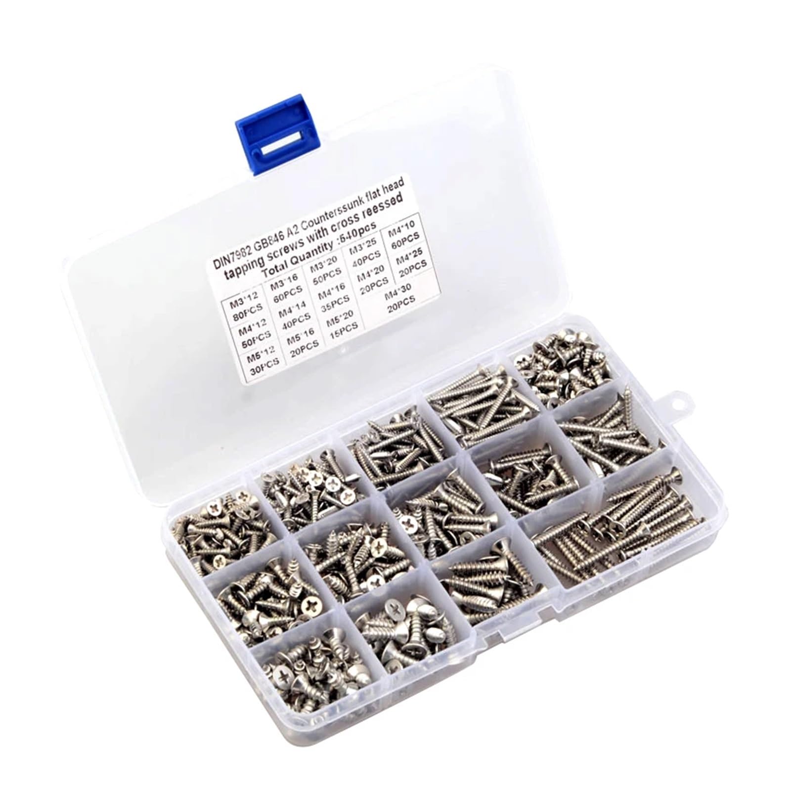 540-teiliges M3 M4 M5 Blechschrauben-Set mit Flachkopf KA GB846 Kreuzschlitz-Senkkopf-Holzschrauben-Sortiment aus Edelstahl