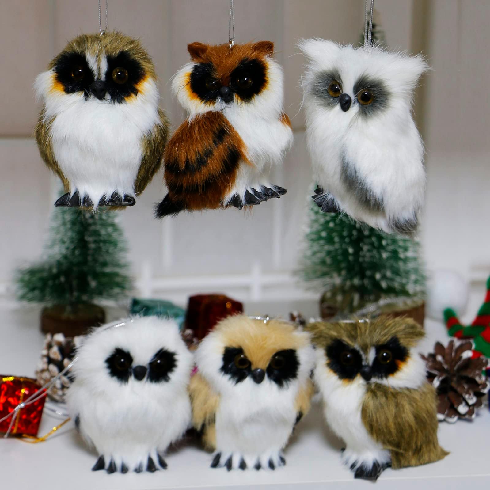 Set of 6 x Assorted Mini Furry Owls Figurines Christmas Tree Hanging Ornaments Home