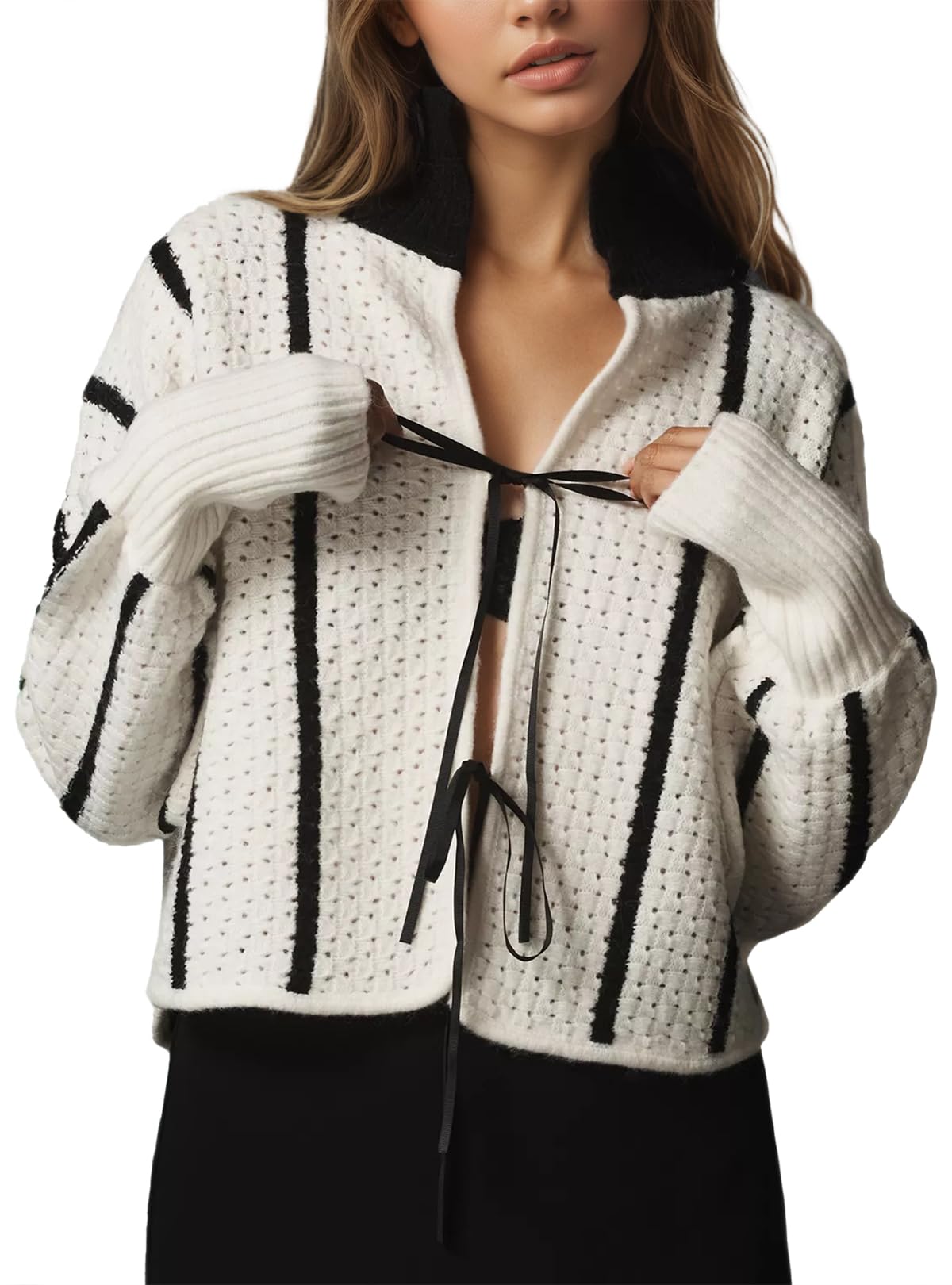 Ladyful Womens Cropped Cardigan Sweater Tie Front Striped Long Sleeve Crochet Tops Fall Trendy Knit Outfits