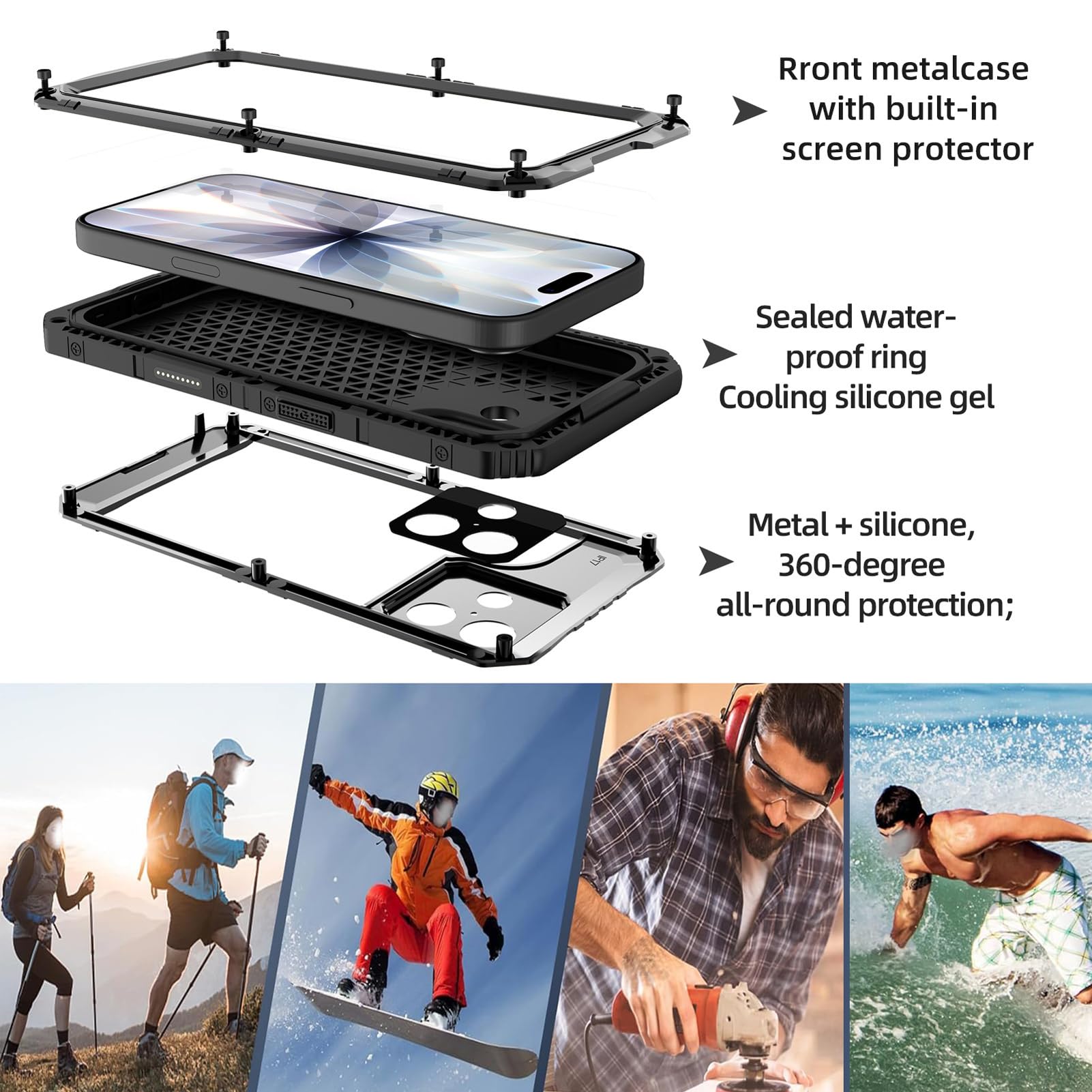 Magnetyczne etui do iPhone 17 Pro Max/17 Pro/17 Air/17, wodoodporne etui na ekran, wytrzymałe, odporne na wstrząsy, wojskowe, srebrne, 17