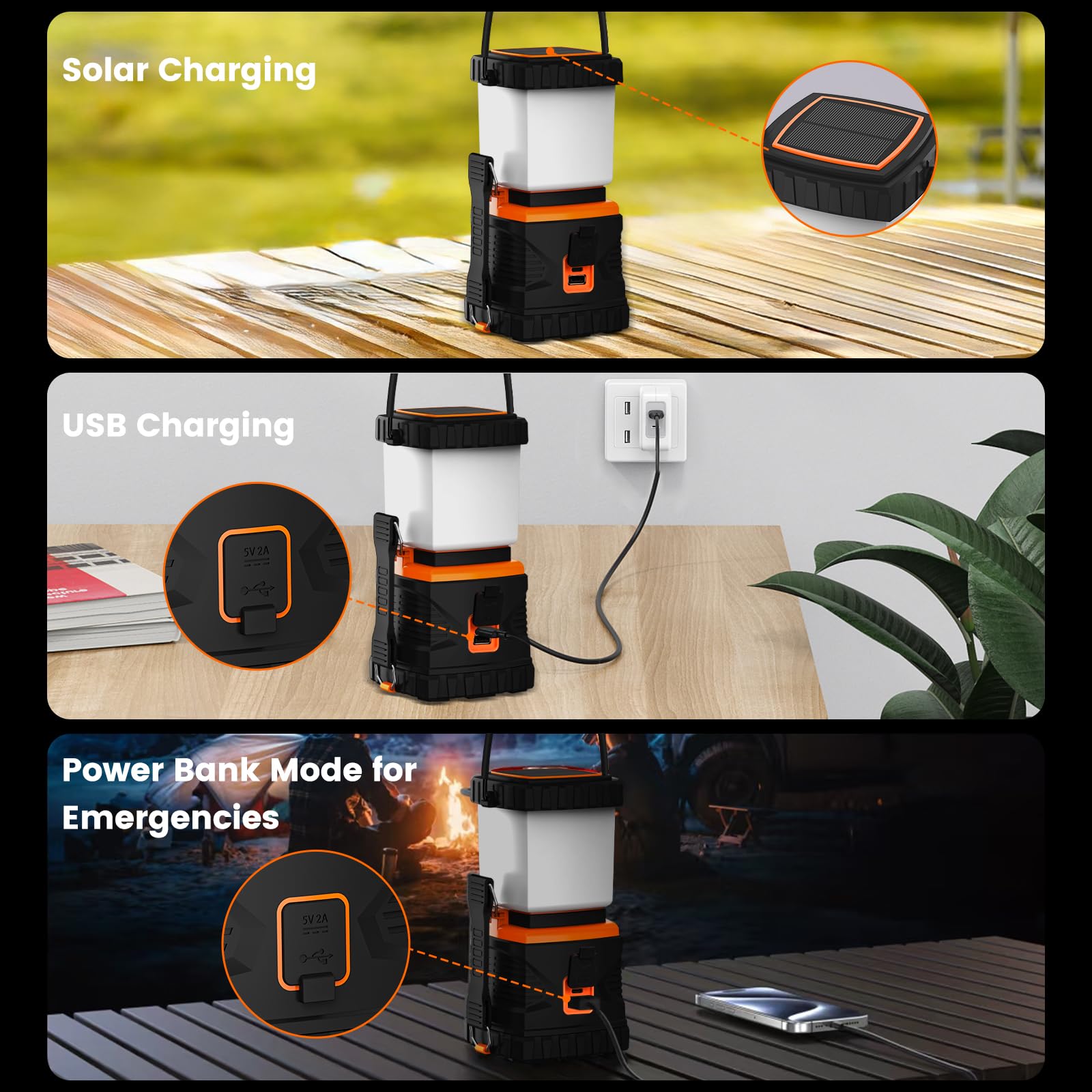 Linterna LED de camping recargable, 1000 lm, esencial para acampar con 5 modos de luz, banco de energía de 4400 Ah, linterna impermeable IP44 para cortes de energía, emergencia, senderismo, al