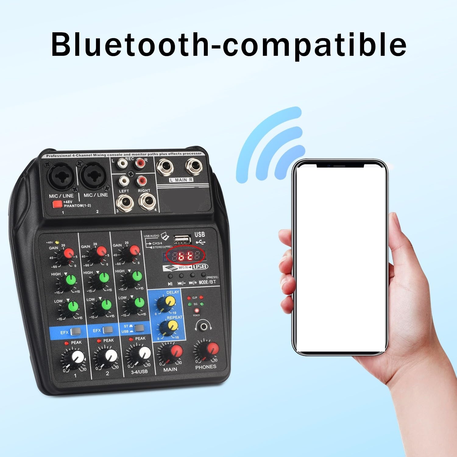 Mixer Audio, Mixer audio portatile Effetto 4 canali 48V Bluetooth Mini console USB Riproduci musica