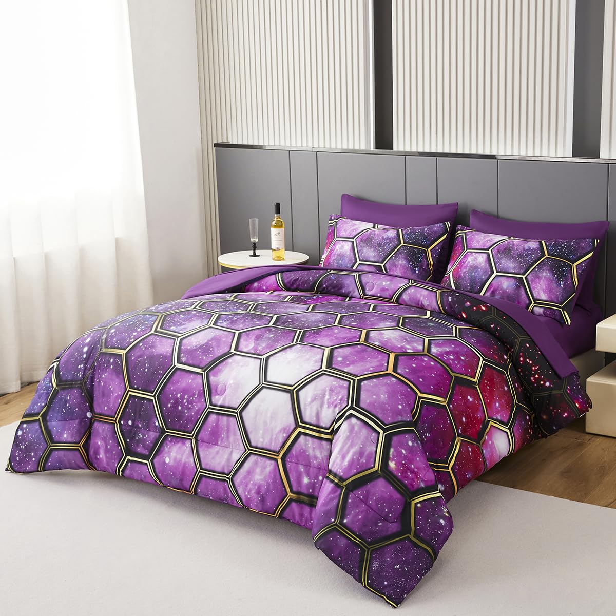 ZSYAYAHA Girls Comforter Set Twin 7 Pieces Galaxy Bedding Set with Comforter Kids Blue Space Bed Sets with Sheets Mysterious Purple Star Bed in A Bag for All Season(Galaxy Purple, Twin)