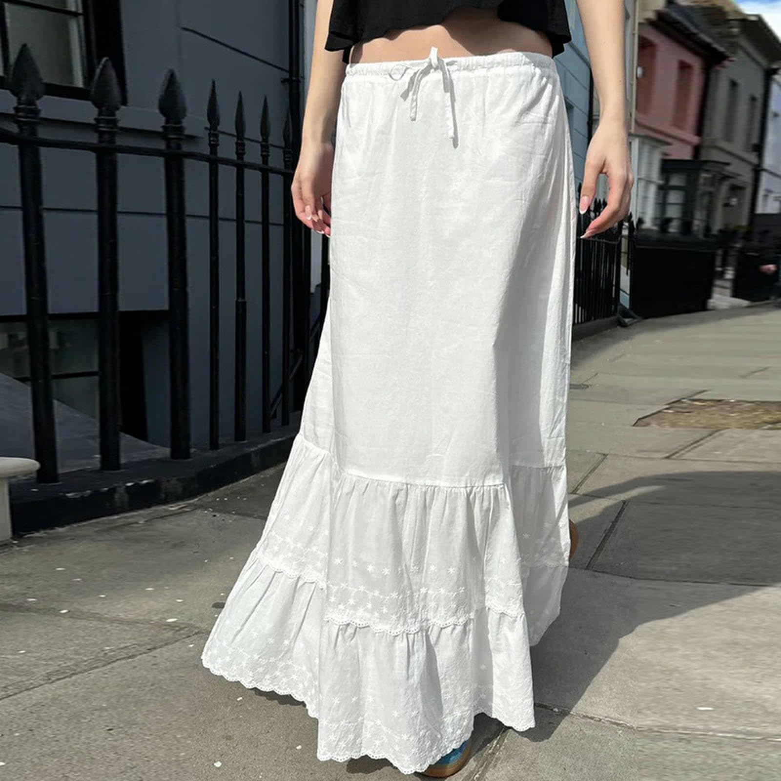 Falda Larga con Cordones Estilo niña Dulce Falda básica Sencilla de Punto-Blanca-M