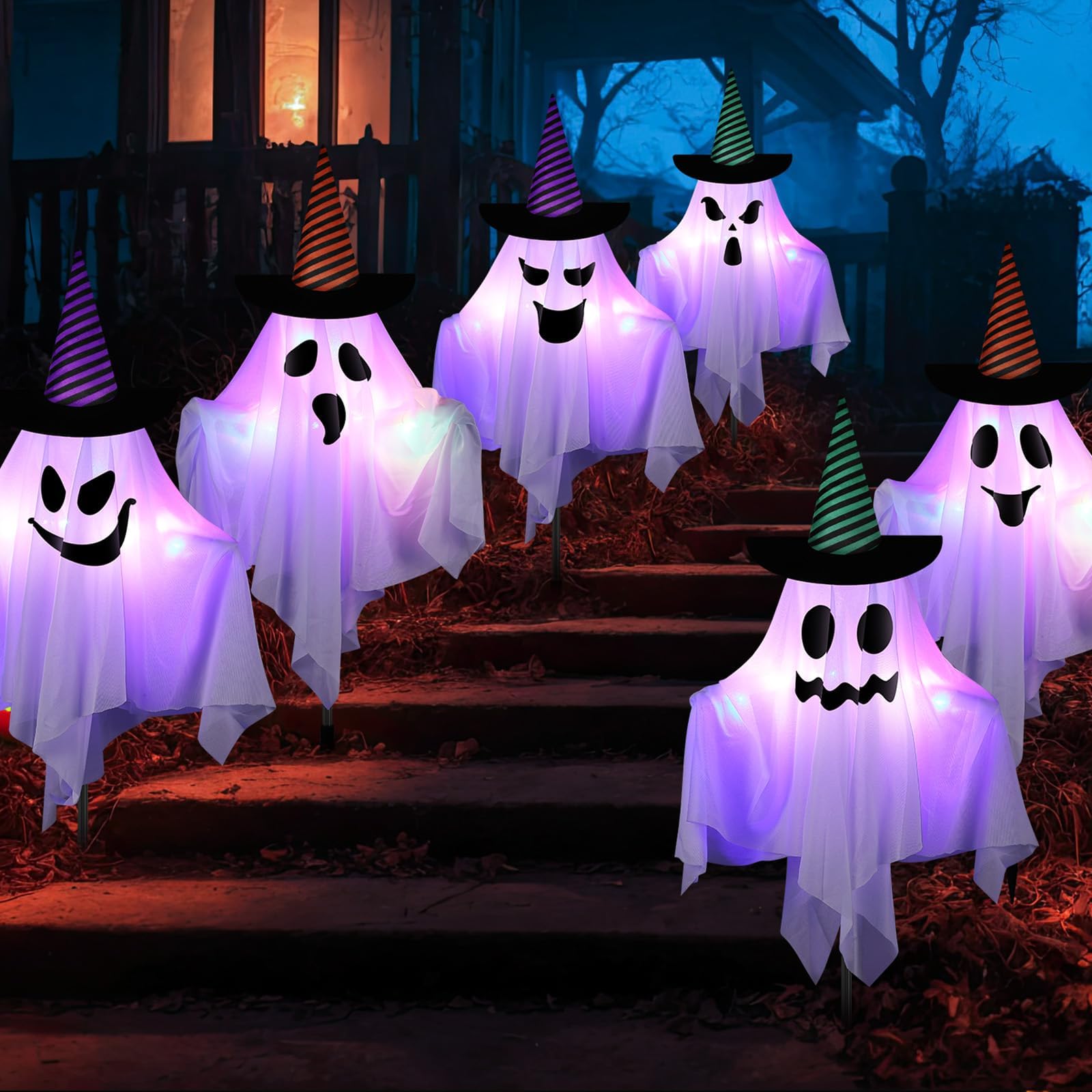 Tujoe 6 Pcs Halloween Ghost Pathway Lights Halloween Ghost Witch Hat Stake Lawn Lights for Outdoor Walkway Garden Yard Driveway Party Decor