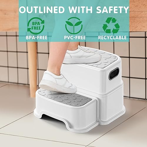 Miniatura 16 de Taburete de 2 escalones para niños, taburete para lavabo de baño, doble altura de 9.5 pulgadas, antideslizante para entrenamiento de orinal, cocina,
