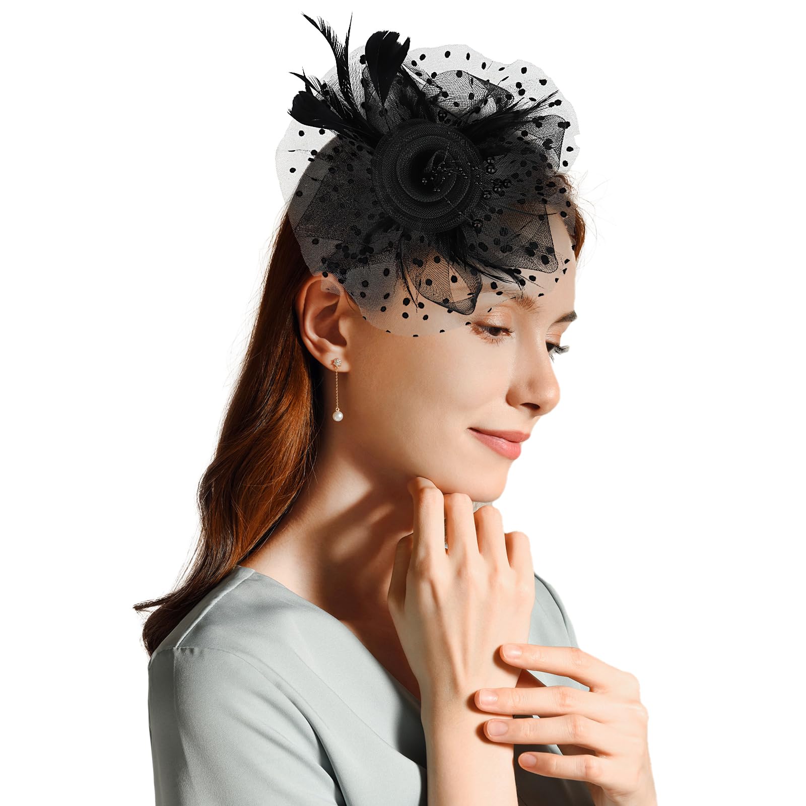 CURASA Fascinators Hats for Women Tea Party Hats Black Mesh Flower Hair Accessories Pearl Feathers Clip Cocktail Ribbons Fancy Headpiece 20s Vintage Headwear Wedding Party Church Lady Girls