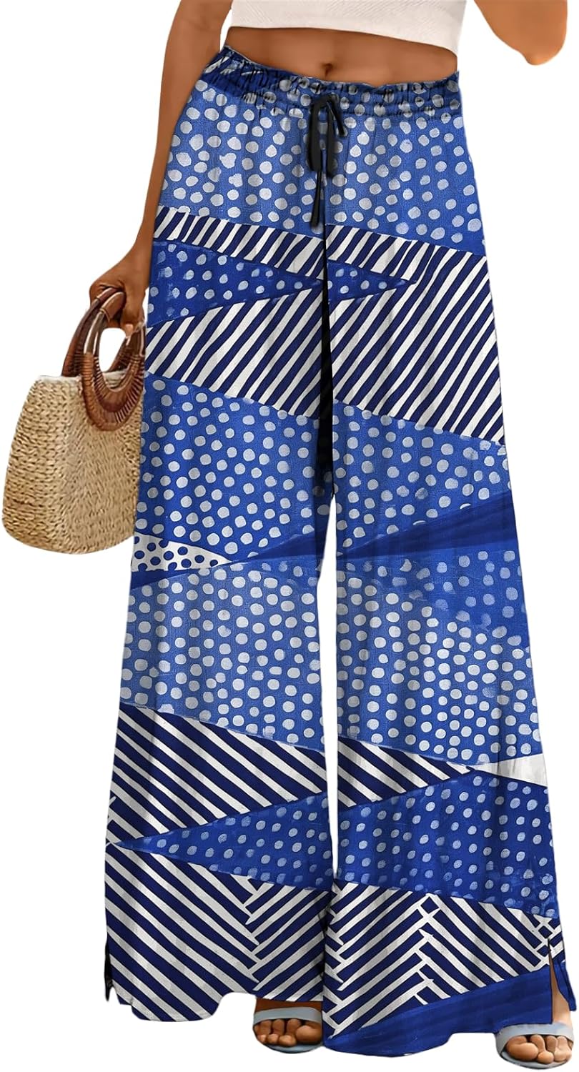 Women Casual Pants Loose Fit Wide Leg High Waist Palazzo Pants Boho Floral Summer Lounge Trousers
