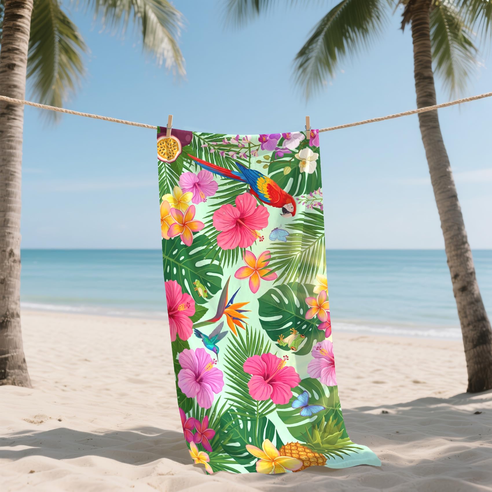 Serviette de Plage XXL Microfibre Feuilles Tropicales Hibiscus Perroquet, Drap de Plage Séchage Rapide Anti Sable & Légère, Serviette de Bain Grande Taille 100x200 cm, Accessoire