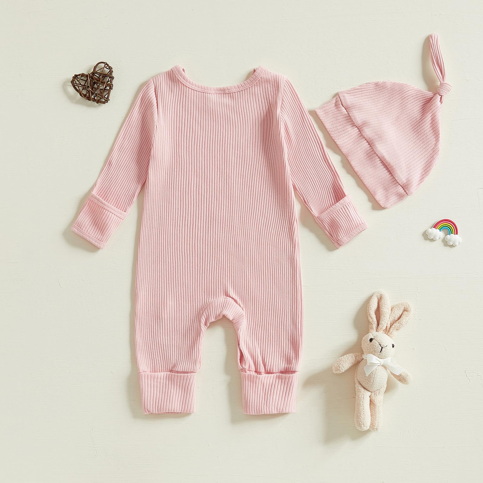 NEVUQO Newborn Baby Girl Easter Day Outfit Little Bunny Rib Knit Romper Jumpsuit Cute Infant Rabbit One-piece Clothes (Pink, Newborn)