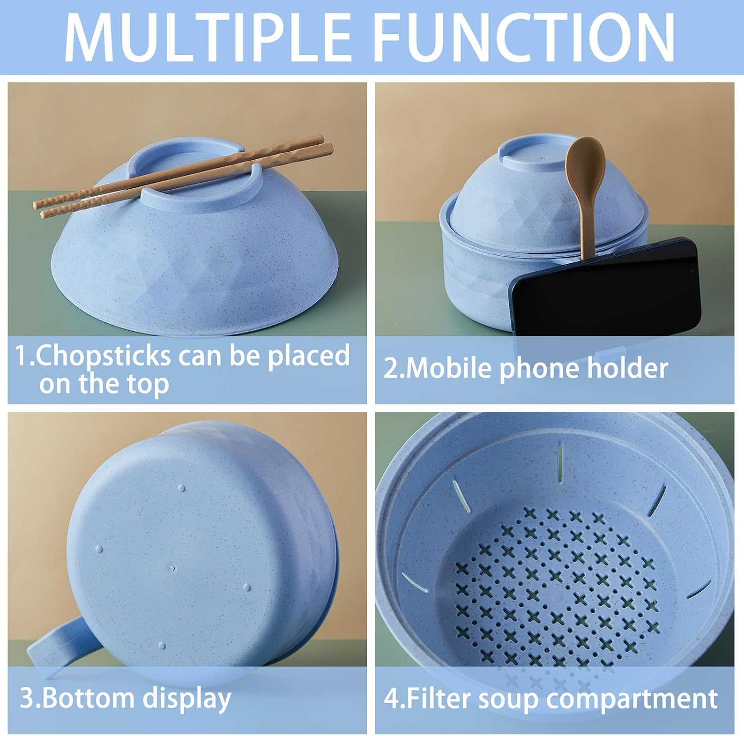 1 Set Microwave Ramen Cooker Bowl with Utensils, Light Blue image 3