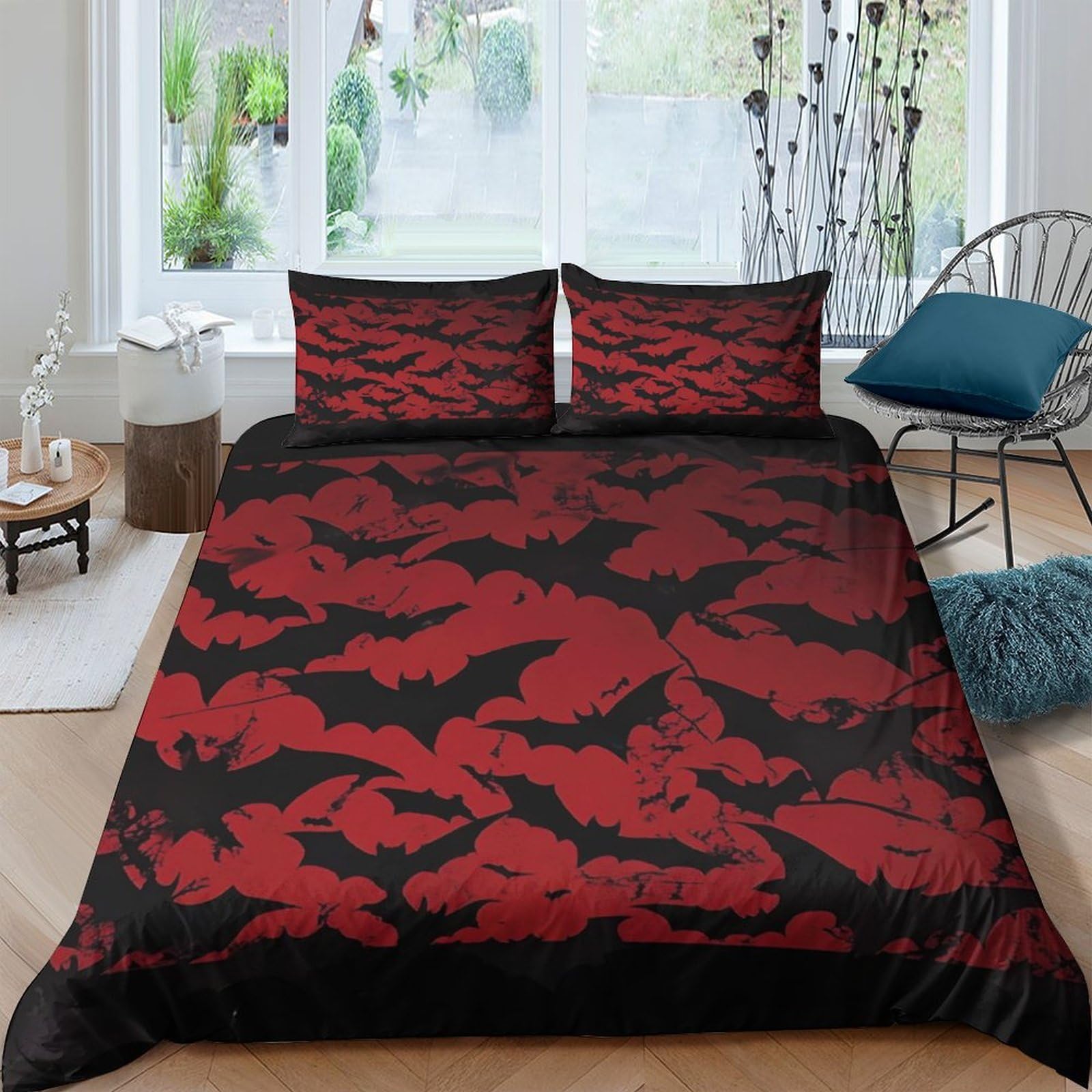 GPLZQXKJNH 3D Printed Red Bat Pattern Duvet Cover Microfiber Soft Breathable Gothic Vampire Bedding Set with 2 Pillowcases for Bedroom Decor Single（135x200cm）