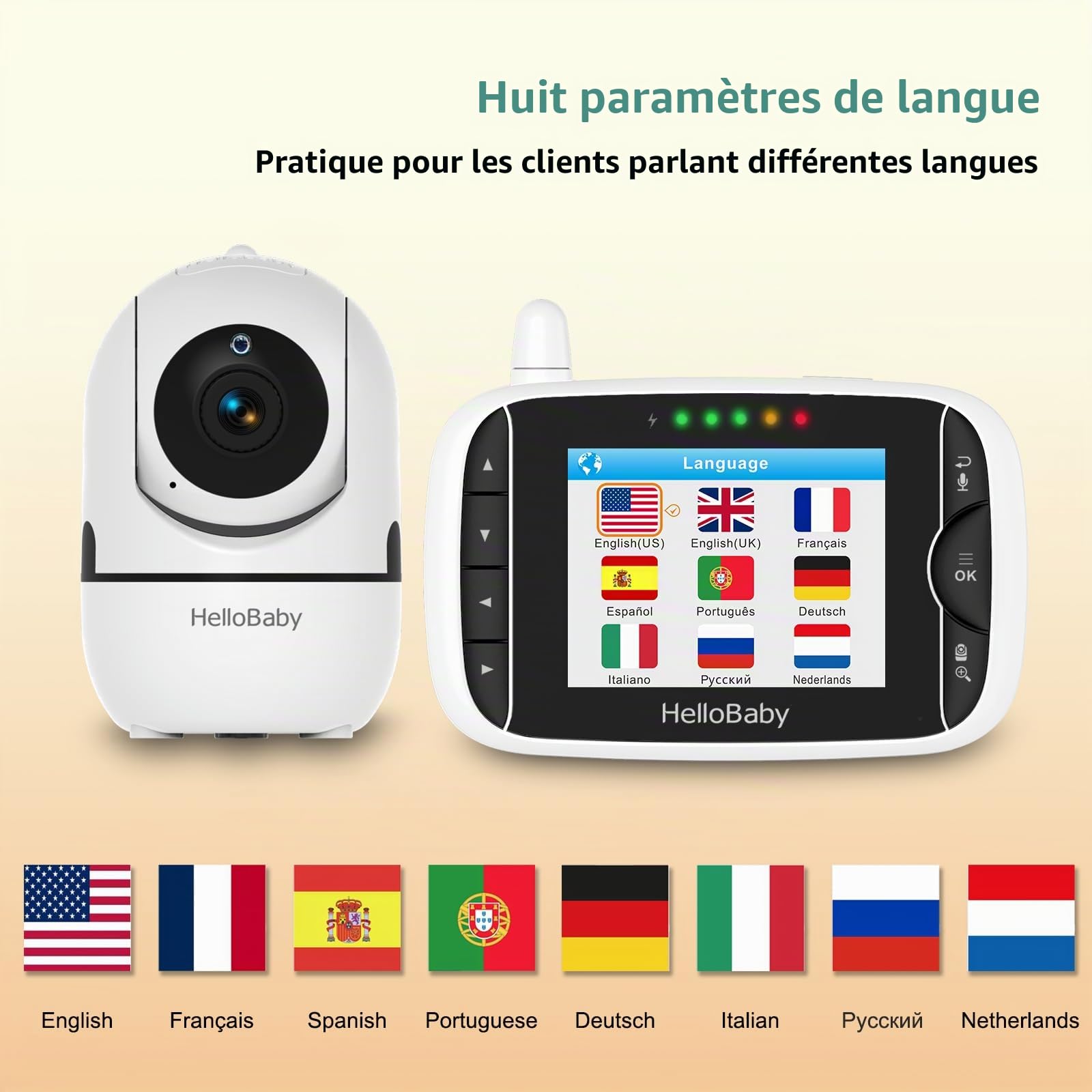 HelloBaby Babyphone Caméra Moniteur Vidéo 3,2 inches LCD Babyphone Vidéo Bébé Surveillance avec 2 Caméras, 360° PTZ Camera Bebe Surveillance, Vision Nocturne (HB65)