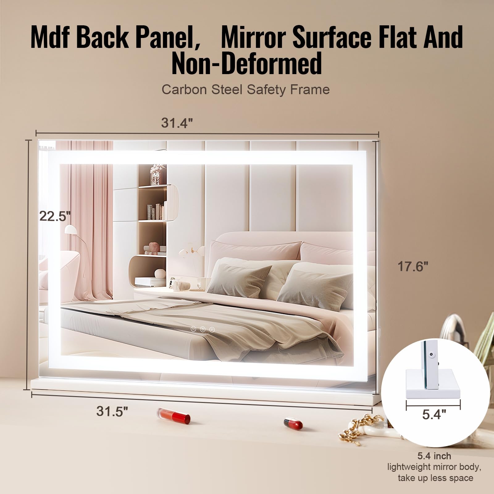 Flamingueo Make-upspiegel met Verlichting - 14 LED - 3 Modi - Instelbare Intensiteit - Touch Control - USB-Poort - Vergrootspiegel Inbegrepen - Vanity Mirror - Zwart - 58x15x51cm