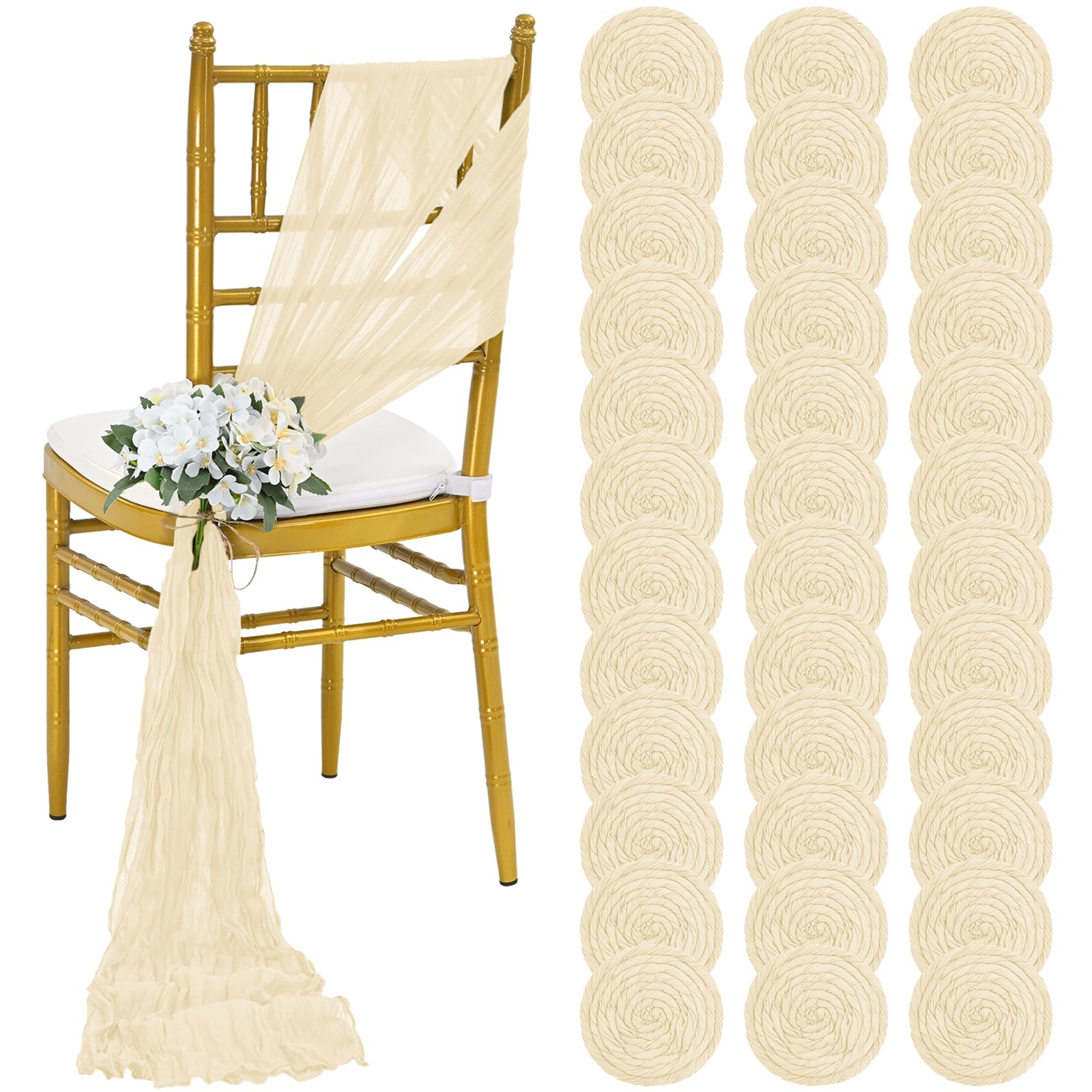 REWOMC 36 Pcs Ivory Cheesecloth Chair Sashes, 16 x 108 inch Gauze Fabric Washable Chair Sashes Bows Designed for Aisle Decorations Universal Chair Cover Decor for Wedding Reception Party Banquet