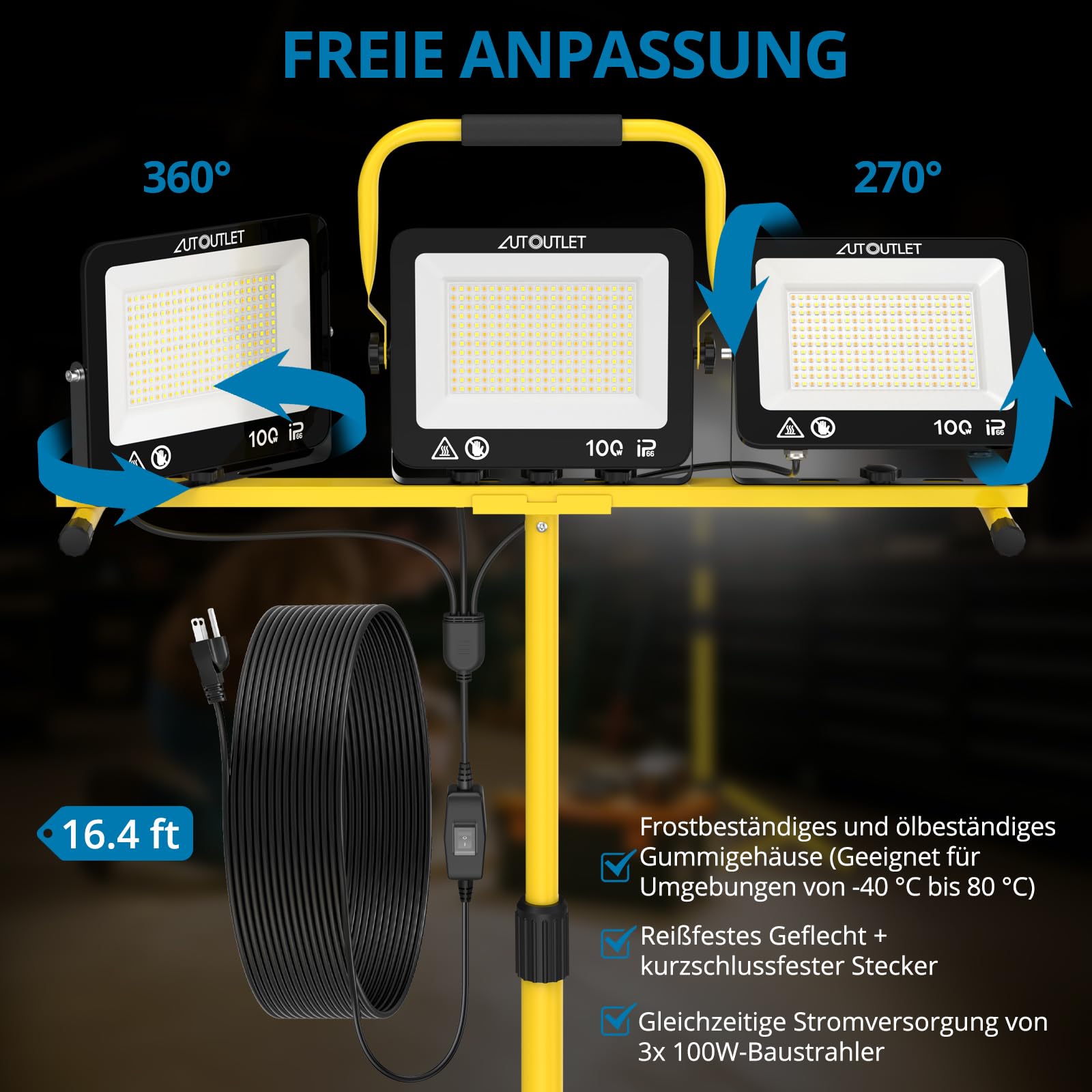AUTOUTLET Baustrahler LED mit Stativ 300W, 3 Farbtemperaturmodi & 5M Kabel | 27000LM Baulampe, 3000K/5000K/6500K, 118-174cm Höhenverstellbar Stativ, IP66 Wasserdicht, Abnehmbar, für Garage Baustelle