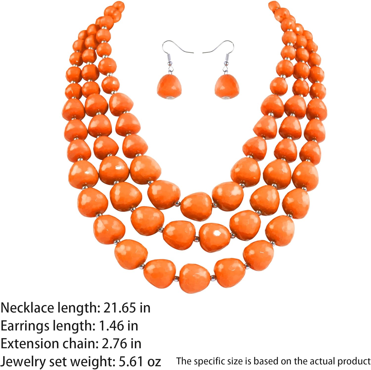 3 Layer Beaded Chunky Necklace and Earrings Set for Women, Handmade Acrylic African Boho Statement Collar Necklace Women Party Gifts (Orange) - Image 5