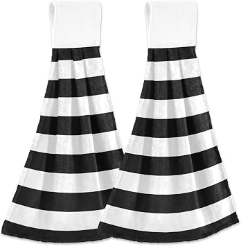 Retro Vintage Black and White Horizontal Stripe Fashion Striped Pattern Kitchen Hand Towels with Hook & Loop Set of 2 Absorbent Bath Hand Towel Hanging Tie Towel