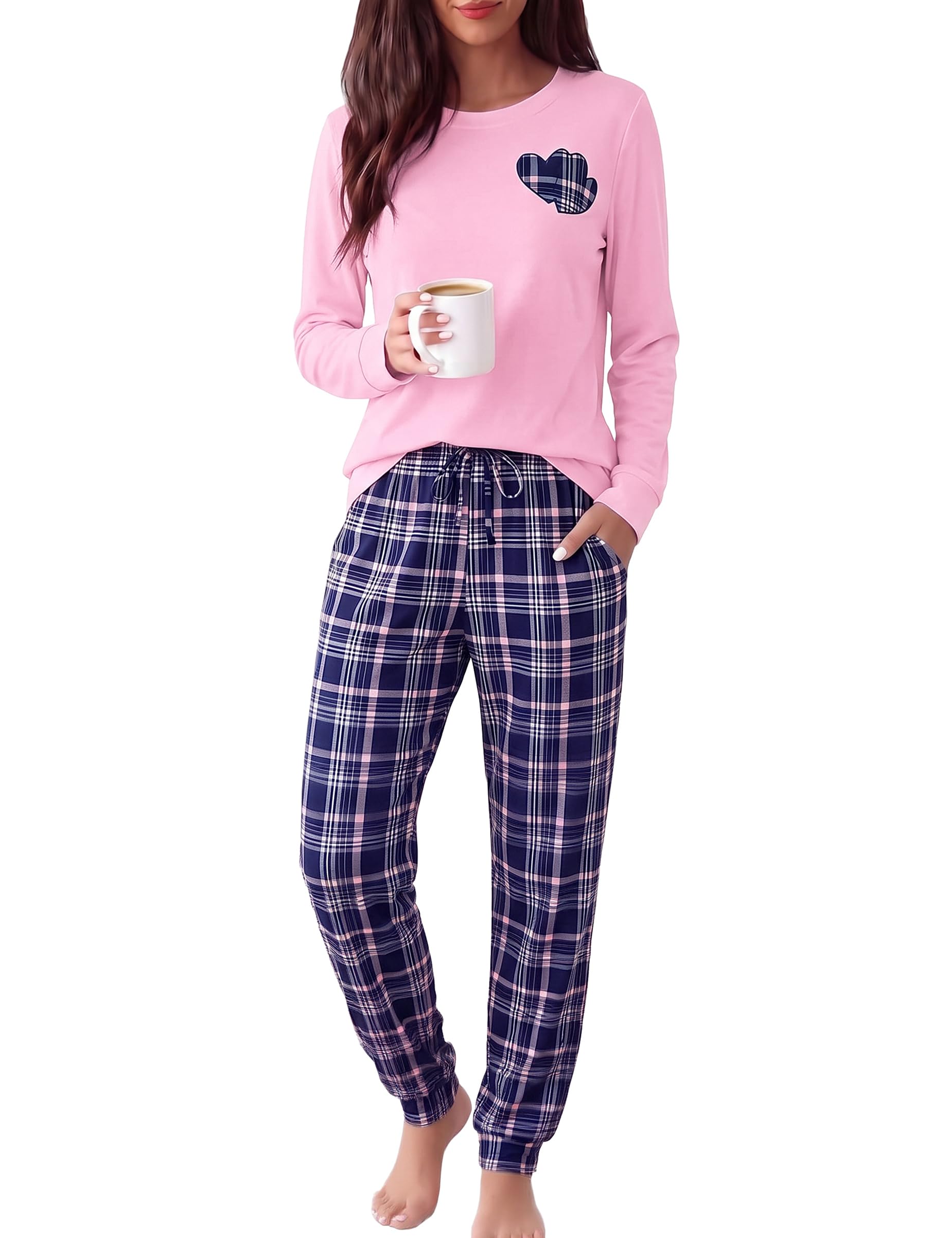 Bresdk Schlafanzug Damen Lang Pyjama Set Baumwolle Kariert Nachtwäsche | V-Ausschnitt Langarm Oberteil und Karierte Pyjamahose Zweiteiliger Kariert Schlafanzüge Winter Warm 2-teilig Hausanzug
