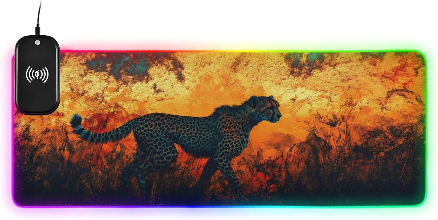 Plain Cheetah Mouse Pad for Gaming with Wireless Charging, Extended LED Mousepad with 14 Light Effects Large