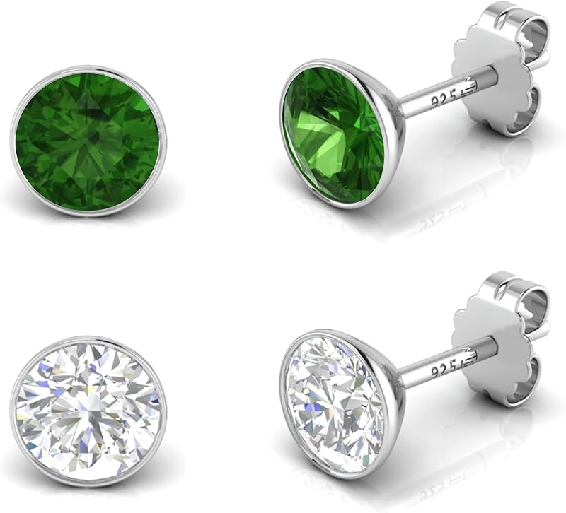 TURQNTAUPE 2 Pairs 925 Sterling Silver Stud Swarovski birthstone Earrings Set for Women and Girls Hypoallergenic Cubic Zirconia Earring Woman Jewelry Set