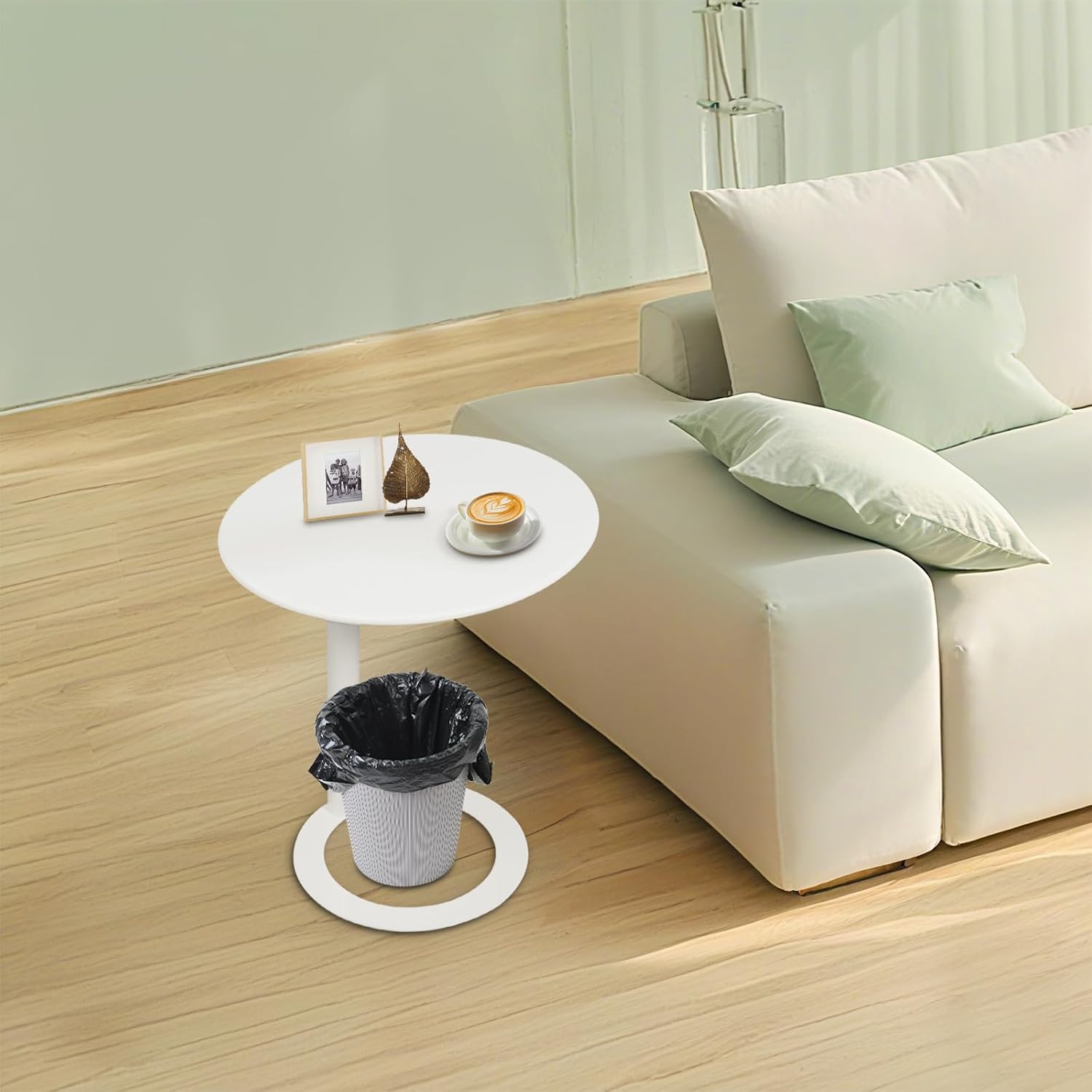 Modern Round Side Table, 18.9x22.4 Inch White Accent Table with O-Shape Base, Space Saving End Table for Living Room Bedroom
