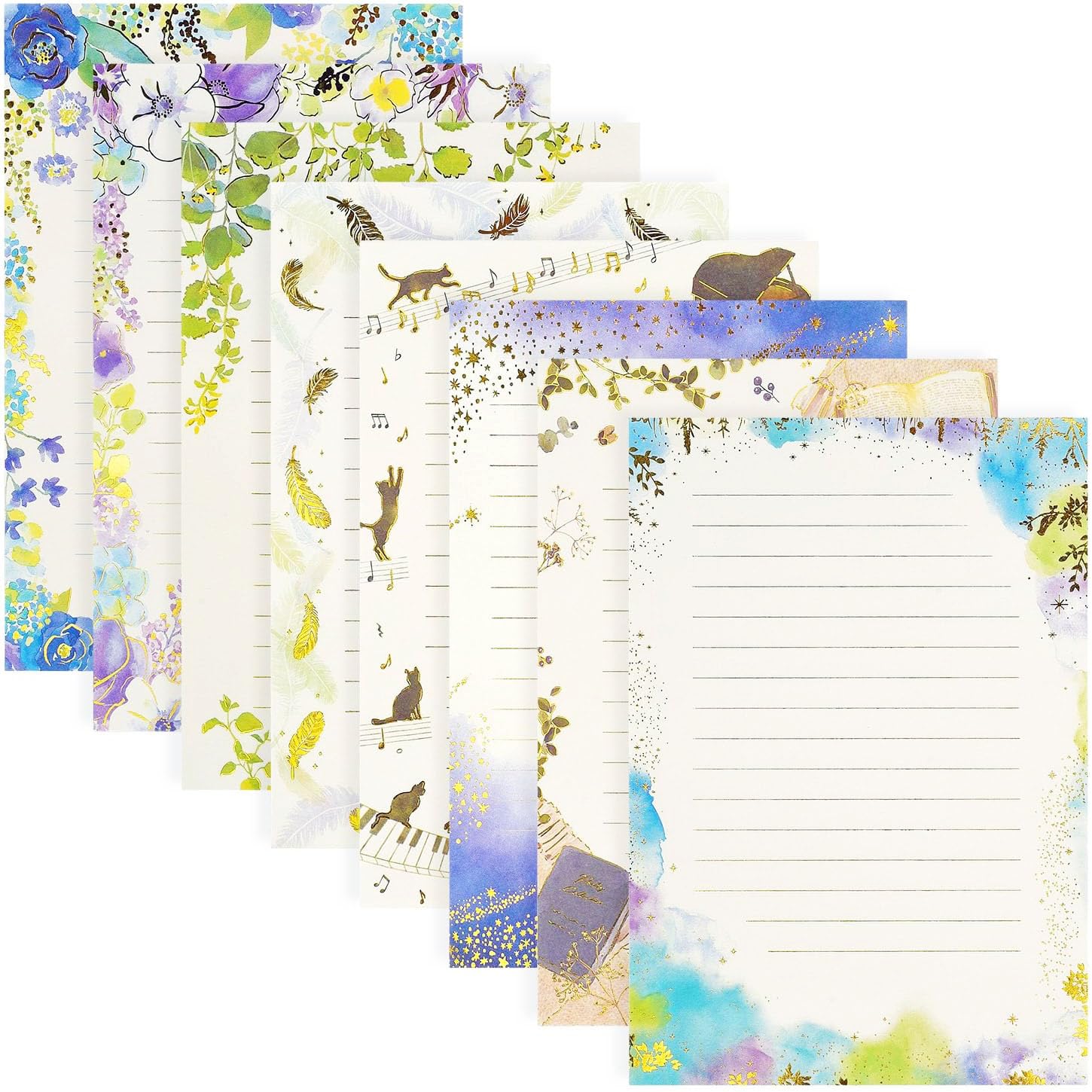 Briefpapier-Set mit 64 Blatt – A5, niedlich, farbige Goldfolie, Stempel, ausgefallenes liniertes Schreibpapier, zum Schreiben von Briefen, Sammelalben, Gedichten, Basteln, Hochzeitseinladungen,