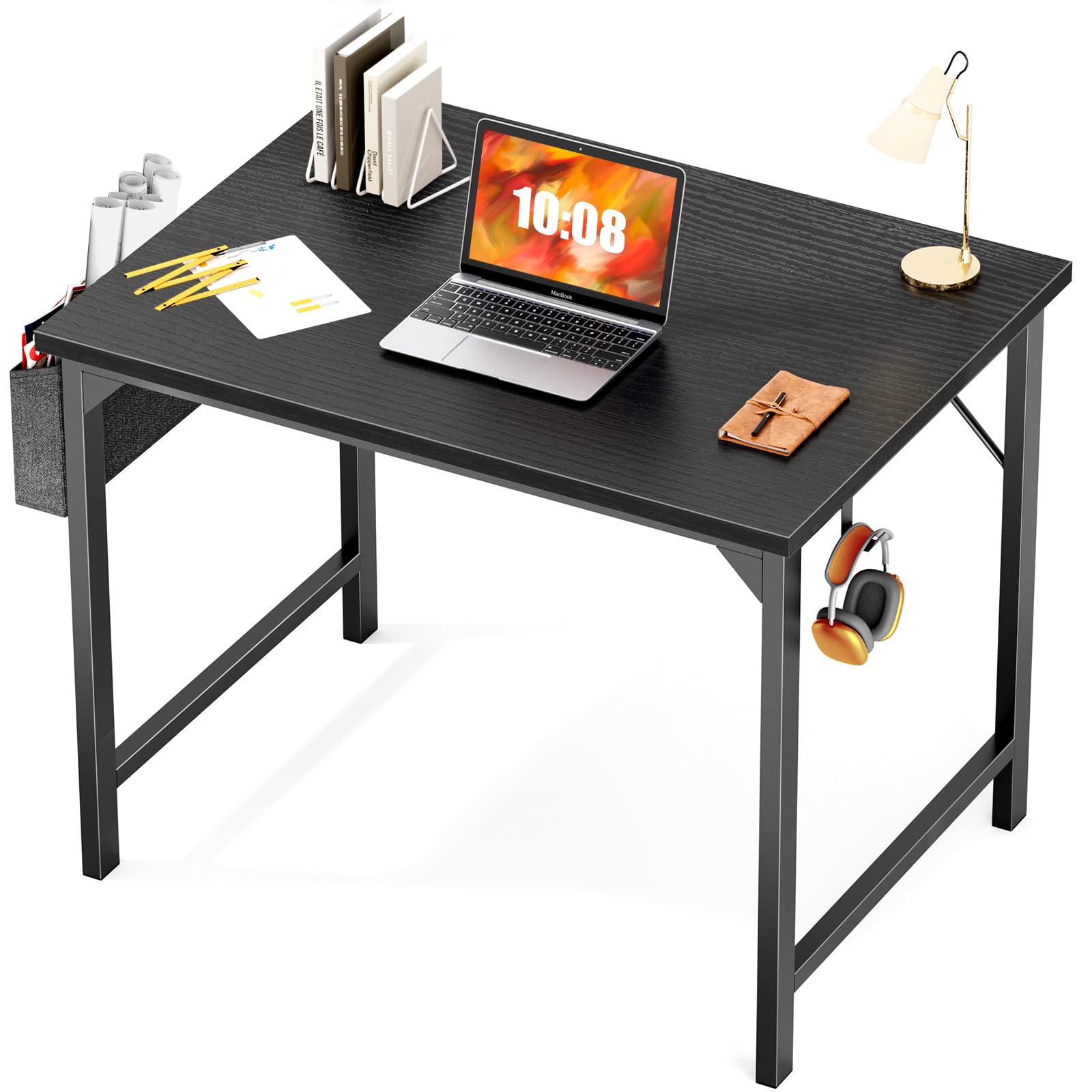 JHK Computer Small Desk Office 32 Inch Writing Work Kids Study Simple Wooden Table for Home Bedroom Modern Style with Headphone Hooks & Storage Bag, Black