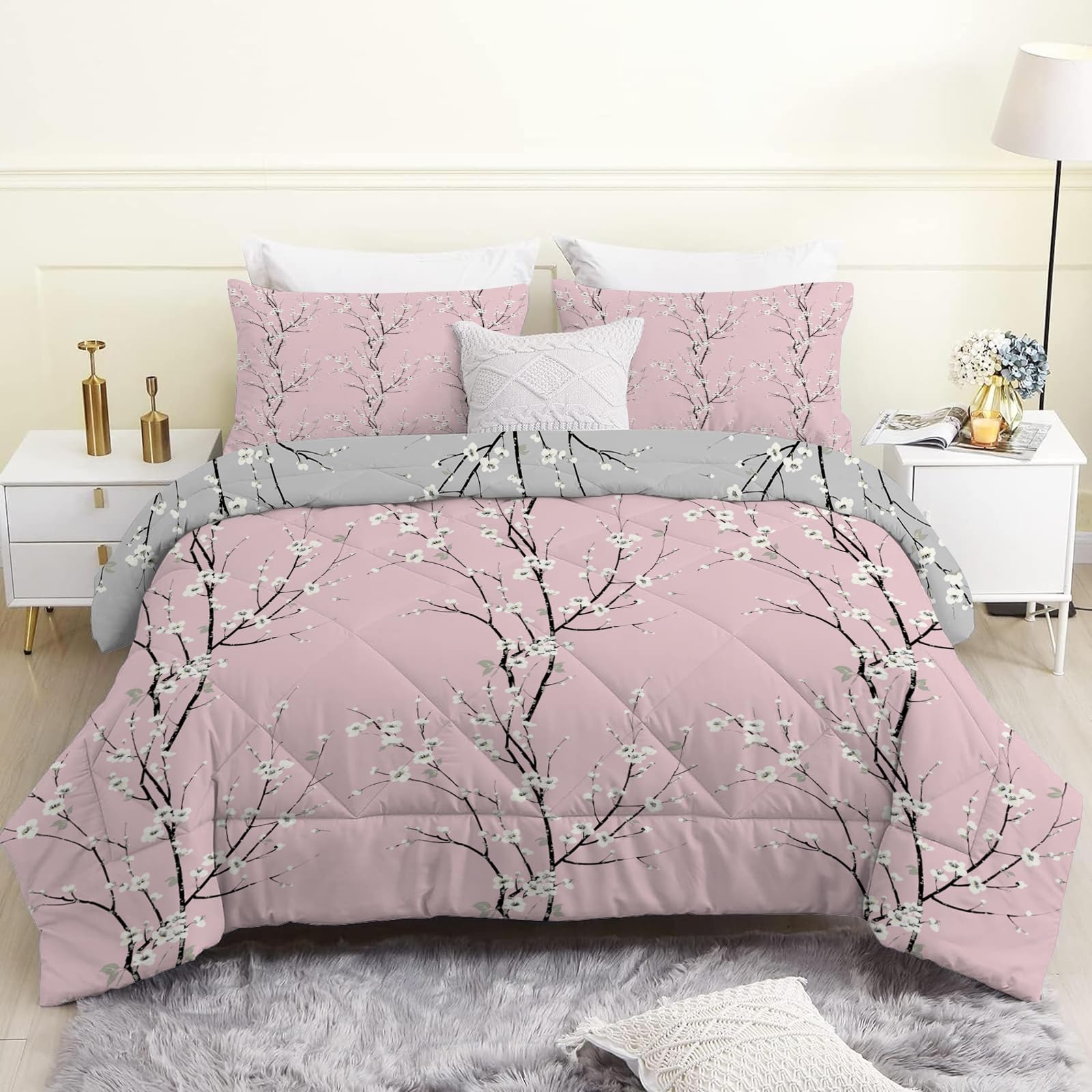 Fleur Prunier Rose Couette Imprimée 4 Saisons 220x240 cm pour Lit 2 Personnes, Branches Grises Edredon Legere, Réversible Couette sans Houss et 2 Taies d'oreiller 65x65 cm