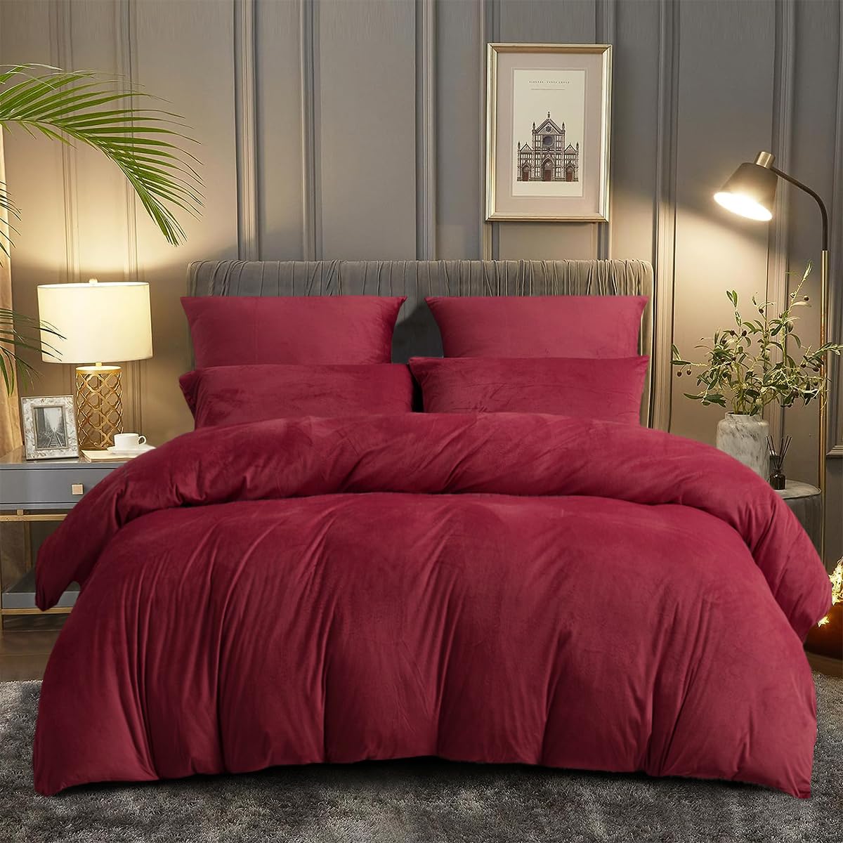 DXHOME Juego de ropa de cama de invierno de forro polar coral, 155 x 220 cm, color rojo vino, cálido, mullido, tacto de cachemira, funda nórdica con cremallera y 2 fundas de almohada de 80 x 80 cm