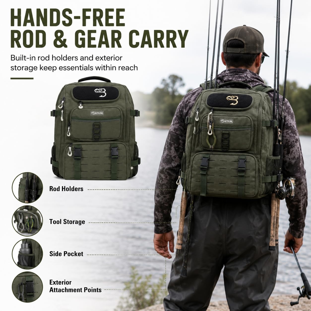 Baitium Mochila de pesca, bolsa de aparejos de 40 L con enfriador, soportes para caña, perfecta para equipo de pesca