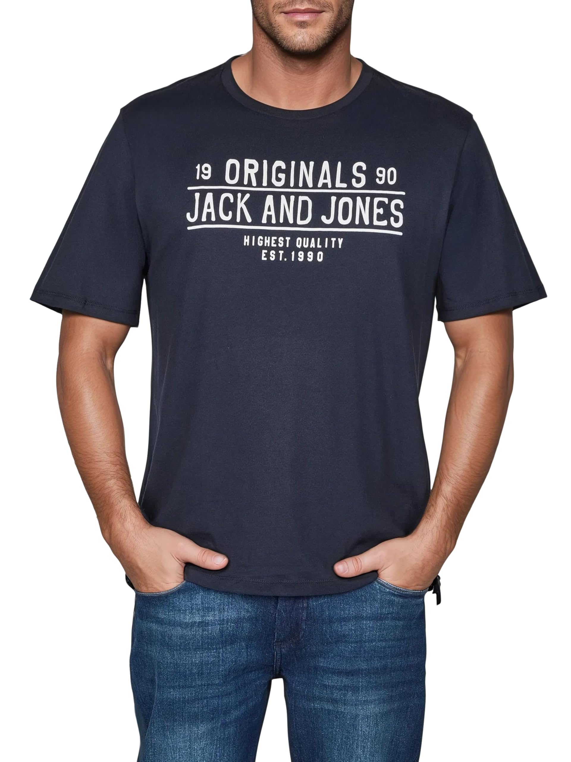 JACK & JONES JJLINO Lot de 4 t-shirts à col rond et manches courtes, coupe droite, imprimé été, 100 %, t-shirt en coton, noir, blanc, vert, rouge, bleu, gris, tailles S, M, L, XL, XXL, 3XL