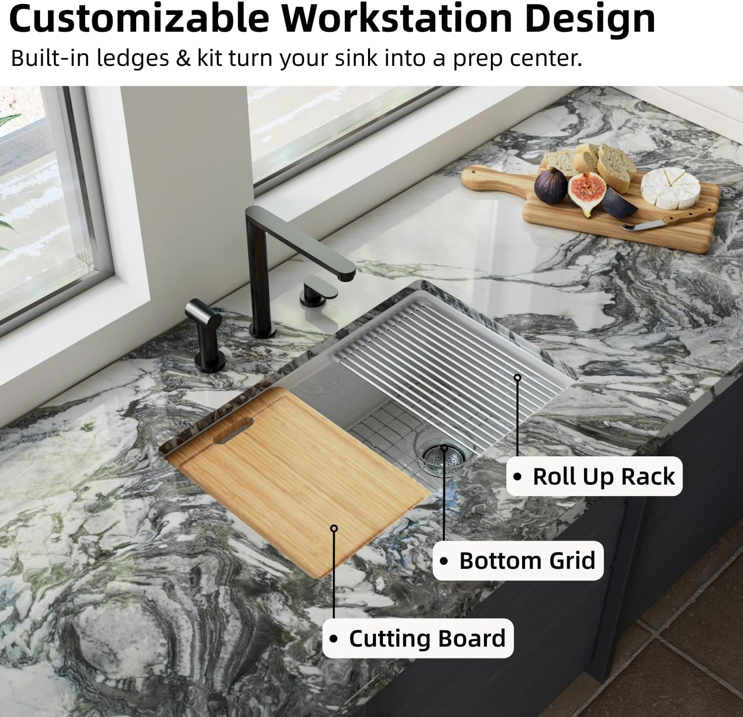 30"W x 19"D White Kitchen Sink with Offset Drain Opening, Los Flexi 30 Inch Fireclay Undermount Workstation Sink Single Bowl, Durable Dual Mount Sinks, Cutting Board, Grid, Strainer Included