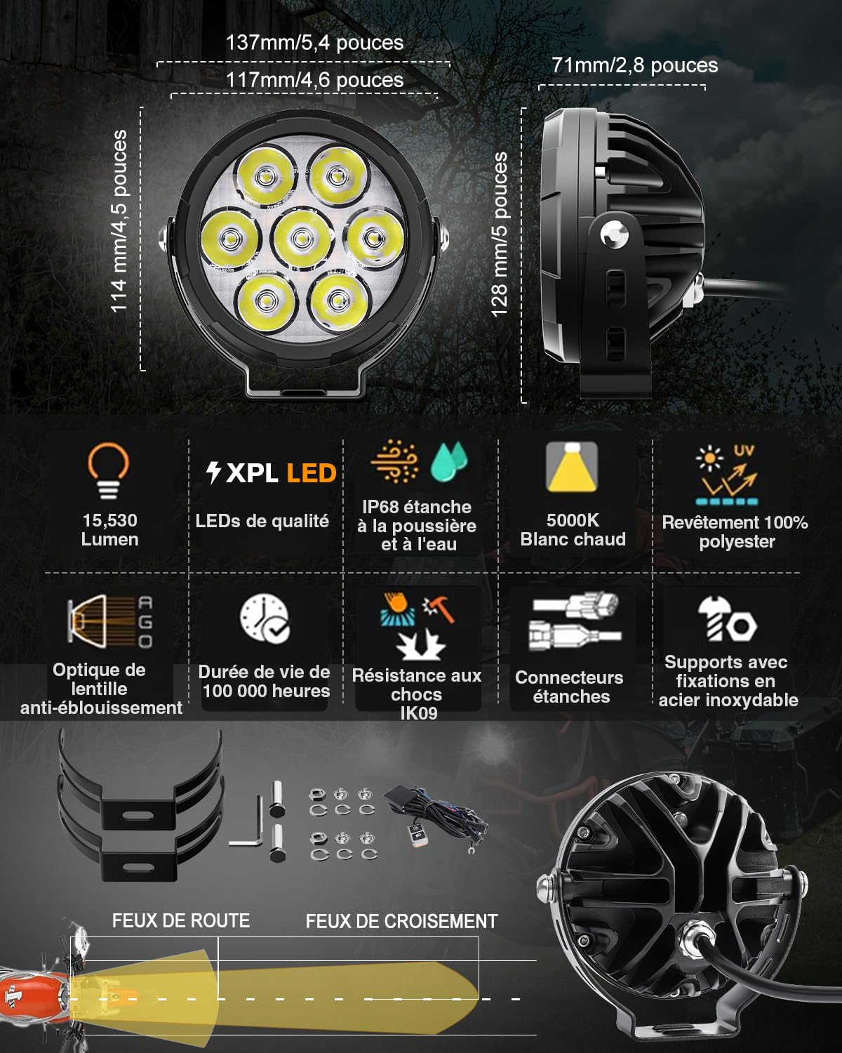 CO LIGHT Feux Additionnels Moto LED, 140W/2PCS Phares Antibrouillard Moto Stroboscope Phare Kit Capot Ambré Amovible Supports et Câblage Universel pour ADV Moto R 1250GS