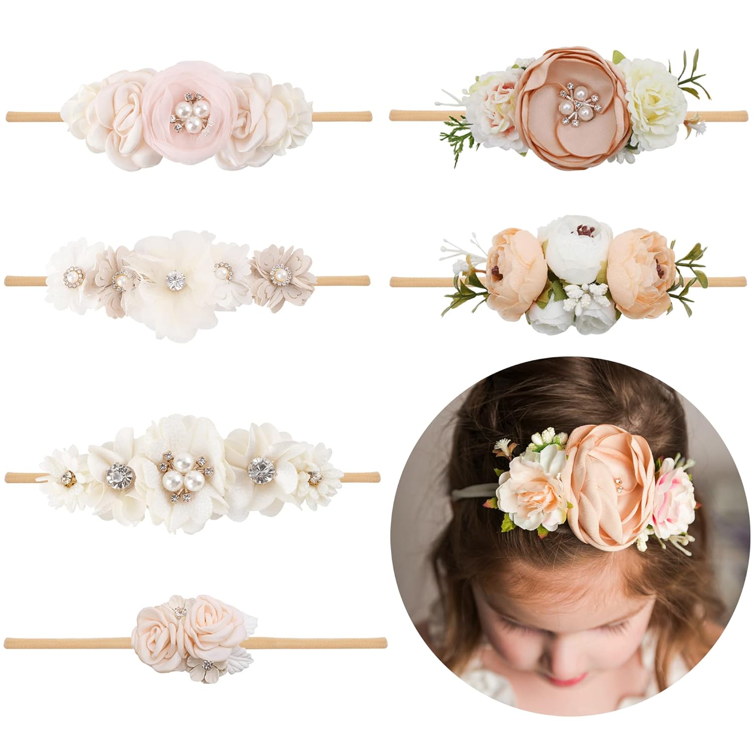 Baby Girl Flower Headband 6 PCS Elastic Hairbands Handmade Nylon Bows Headbands Chic Floral Hair Accessories Kids Gifts for Newborn Infant Toddlers