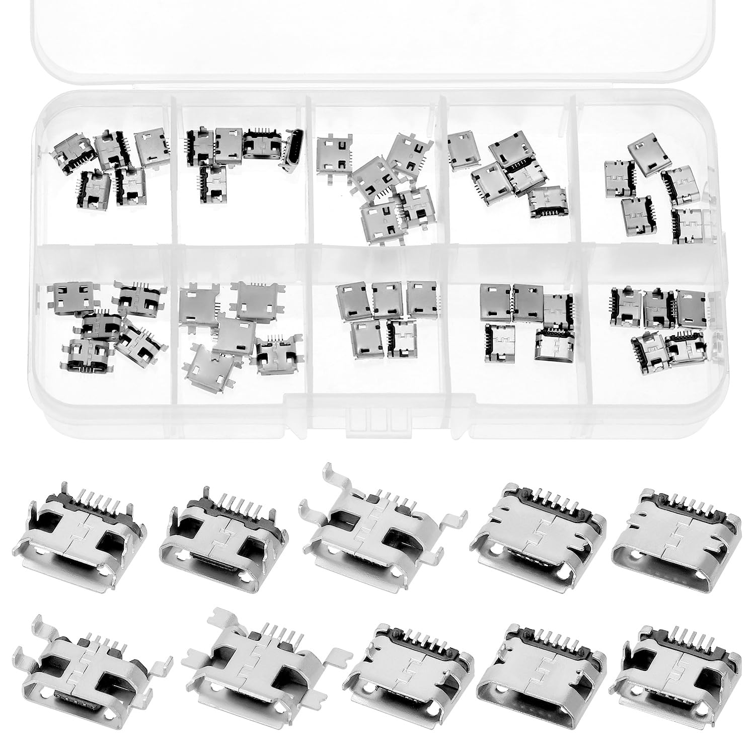 QWORK® 50 sztuk gniazdo Micro USB 5-pinowe, 10 modeli złącza USB do lutowania, do produktów informacyjnych i komunikacyjnych