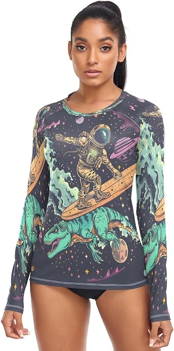 Spaceman Astronaut Skateboard in Space Rash Guard for Women Long Sleeve Swimsuits UPF 50+ Surf Swimsuits Top.XS
