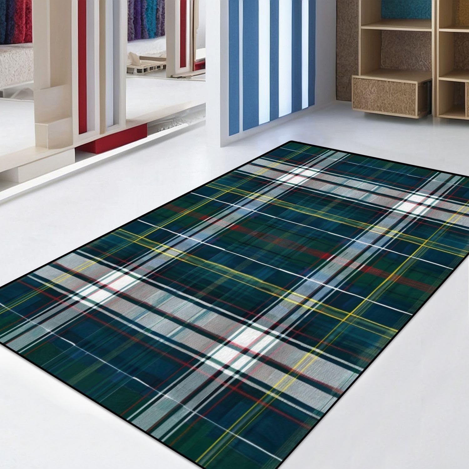 White Navy Blue Green Tartan Plaid Scottish Pattern Texture from Area Rug Outdoor Patio Rug Play Mat Modern Floor Carpet Non-Slip Home Decor Living Room Kids Bedroom Nursery, 3x5 ft