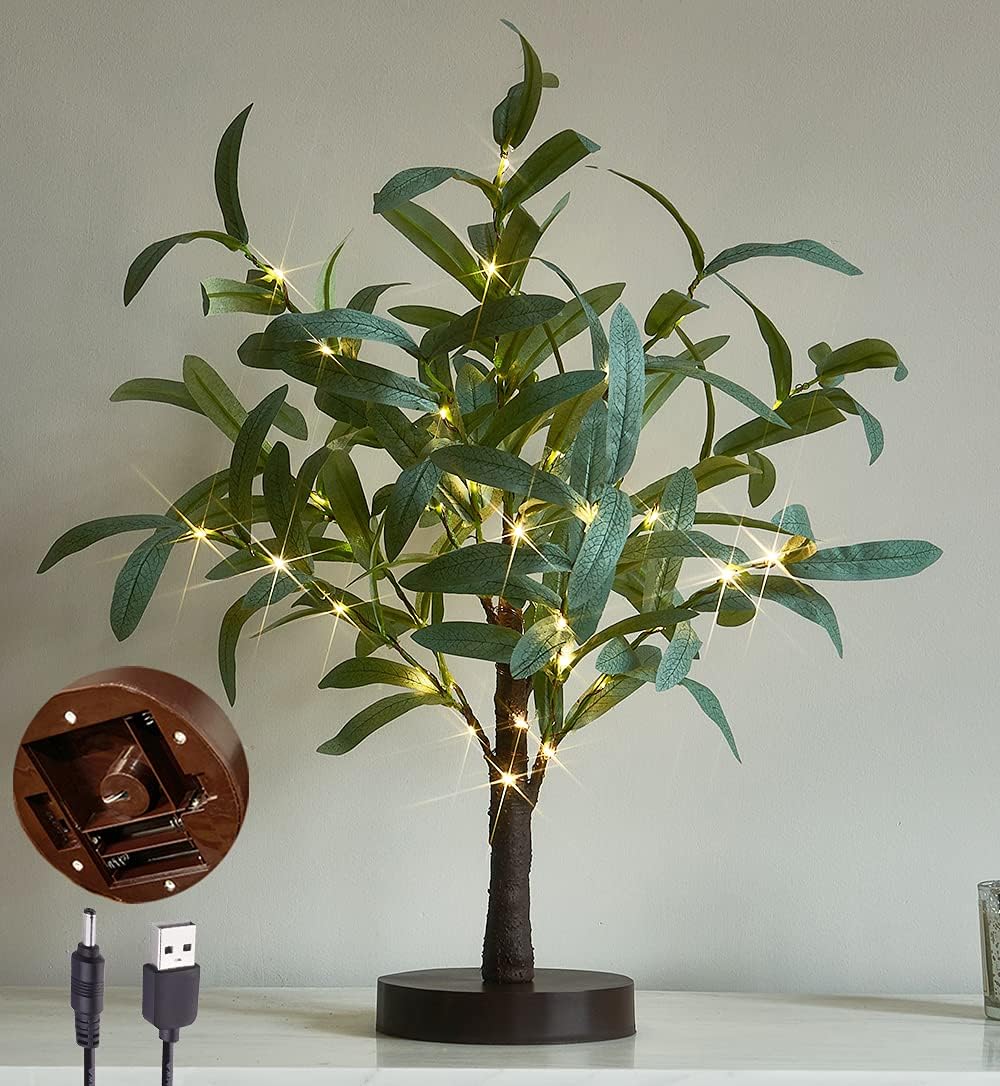 LITBLOOM Lighted Tabletop Olive Tree 18IN 50 LED Fairy Lights with Timer Battery Operated or USB Plug in Bonsai Tree for Wedding Christmas Home Decoration