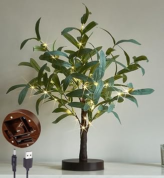 LITBLOOM Lighted Tabletop Olive Tree 18IN 50 LED Fairy Lights with Timer Battery Operated or USB Plug in Bonsai Tree for Wedding Christmas Spring Home Decoration