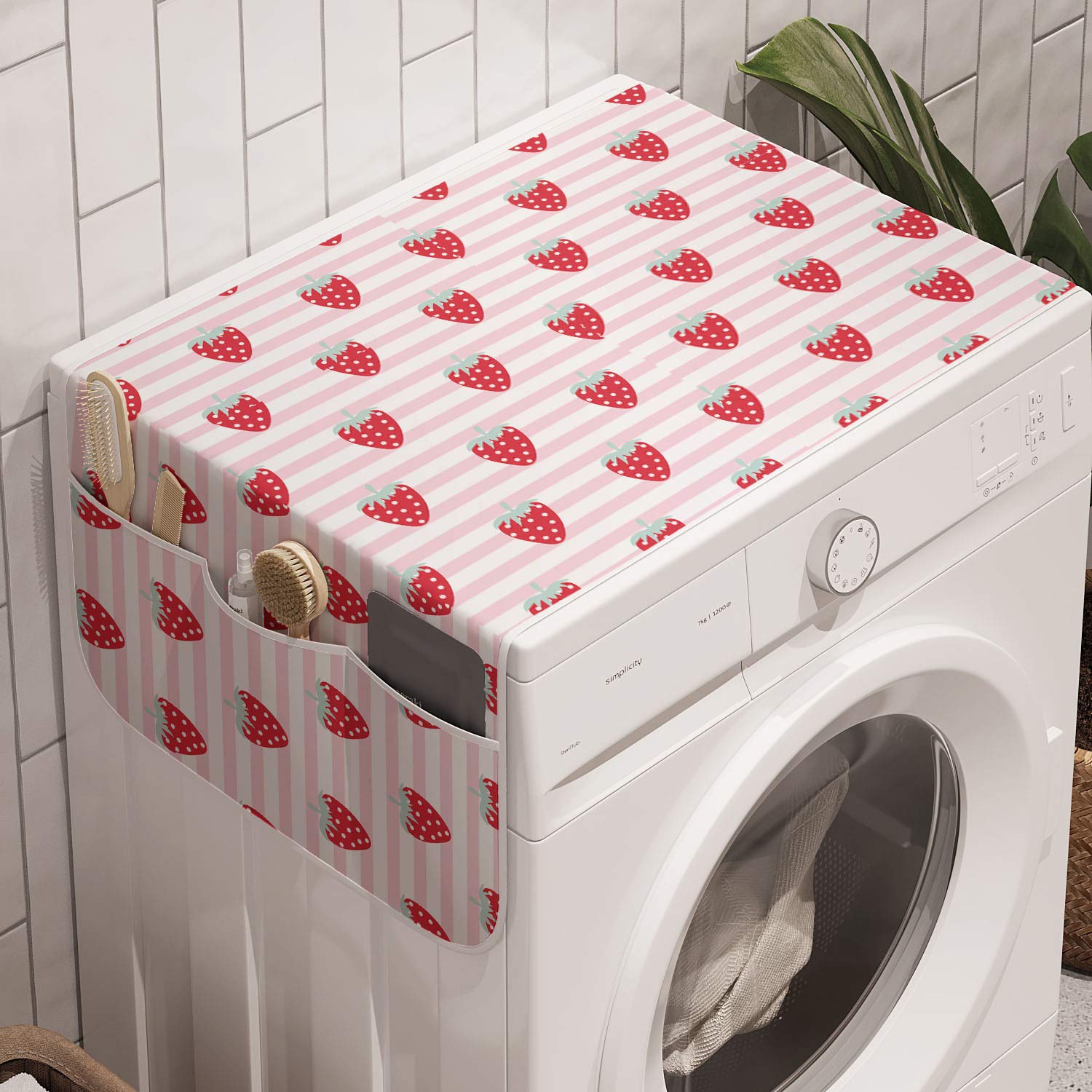 Ambesonne Strawberry Washing Machine Organizer, Girlish Pattern with Tasty Fruits on Stripes, Anti-slip Fabric Cover for Washers and Dryers, 47" x