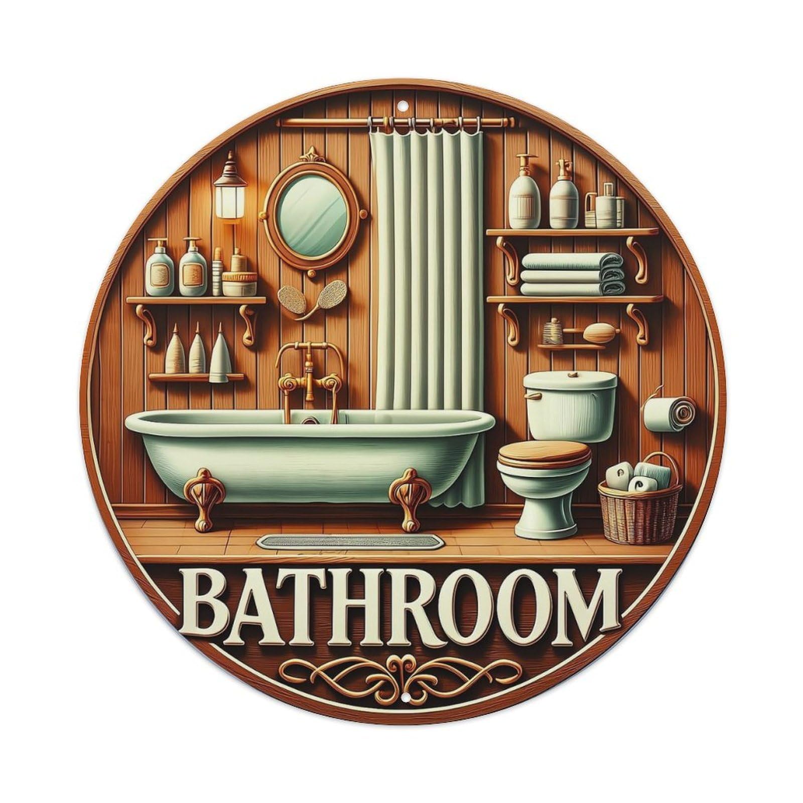 Vintage Bathroom Scene Round Tin Sign Vintage Metal Sign Home Bar Garden Indoor & Outdoor Wall Decor Retro Metal Poster 8x8 Inch