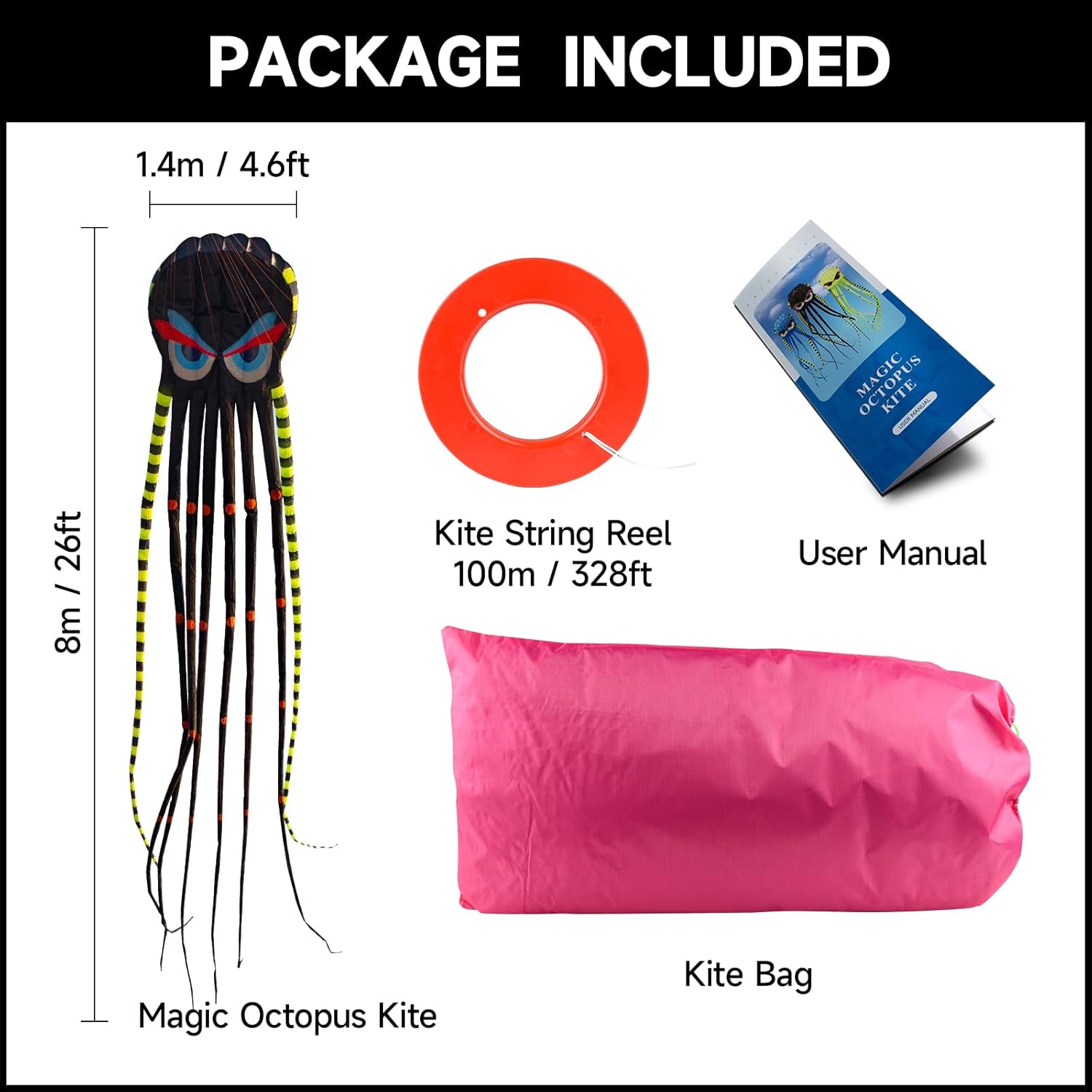 3D 26ft Ultra Large & Funs Octopus Foil Kite with 1000D Kite String, Beach Park Outdoor Fun Beach Trip Great Gift to Kids Build