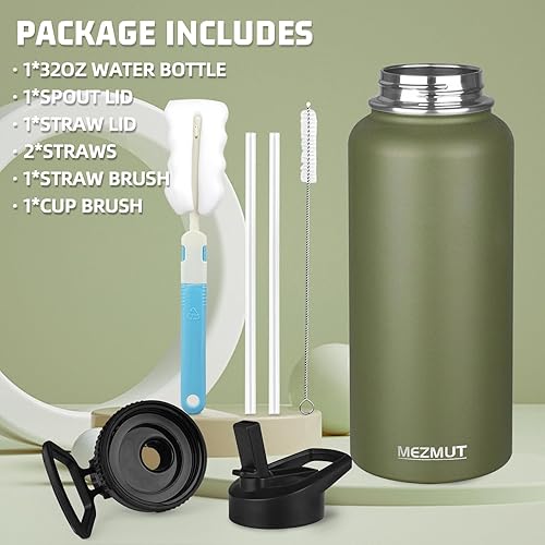 Miniatura 2 de Botella de agua aislada al vacío de 32 onzas con popote y 2 tapas botella de agua de acero inoxidable con mango de paracaídas jarra de agua