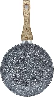 Padella Antiaderente in Alluminio Effetto Pietra, Pentola Piatta con Manico Soft-Touch Effetto Legno e Fondo a Induzione, Adatta a tutti i Piani Cucina (Ø 20 cm)
