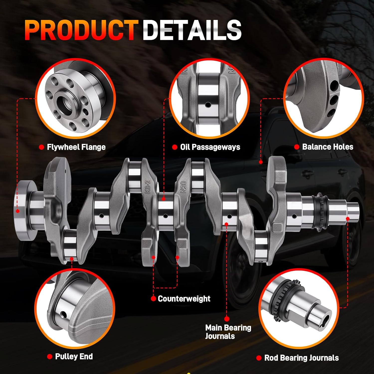 623V6-2EH00 G4NA 2.0L Engine Crankshaft with Connecting Rods & Bearings Compatible with 2014-2021 Kia Soul Optima Forte Forte5 Hyundai Sonata Tucson Elantra Replace# 23110-2E200 23500-2E400