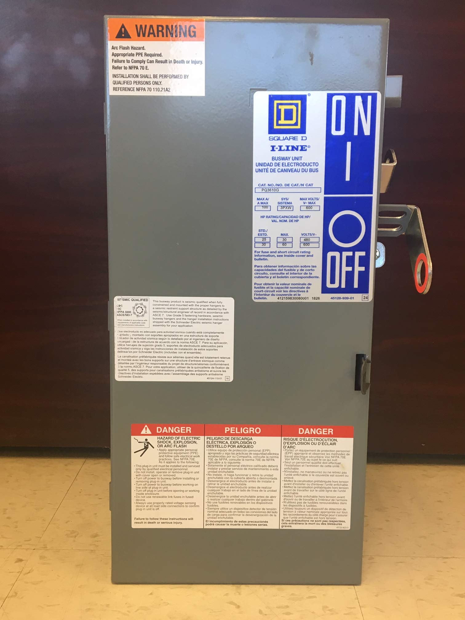 Square D PQ3610G I-LINE Plug in Unit 100 AMPS 600V. 3 Phase